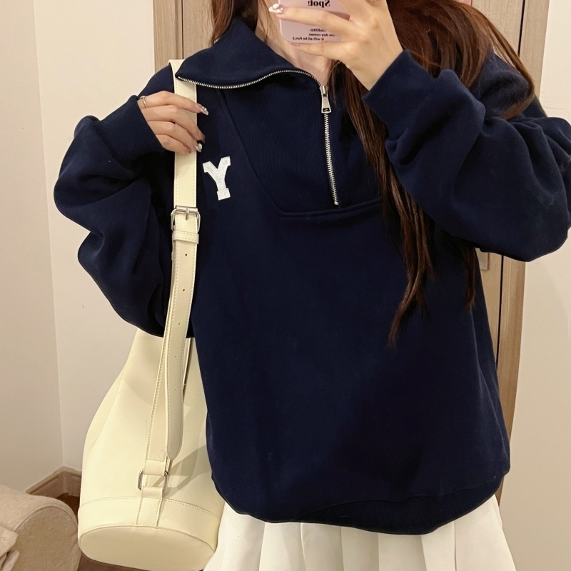 ZHELIHANGFEI Áo Thun POLO Tay Dài Có Dây Kéo Với Họa Tiết Thêu Theo Phong Cách Preppy Hợp Thời Trang