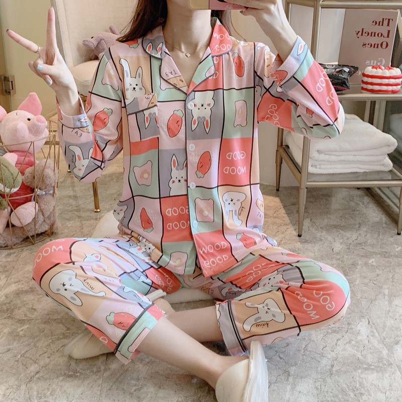 Bộ Pijama dài tay bộ ngủ phong cách Hàn quốc chất dày dặn không nhăn nhiều mẫu 1