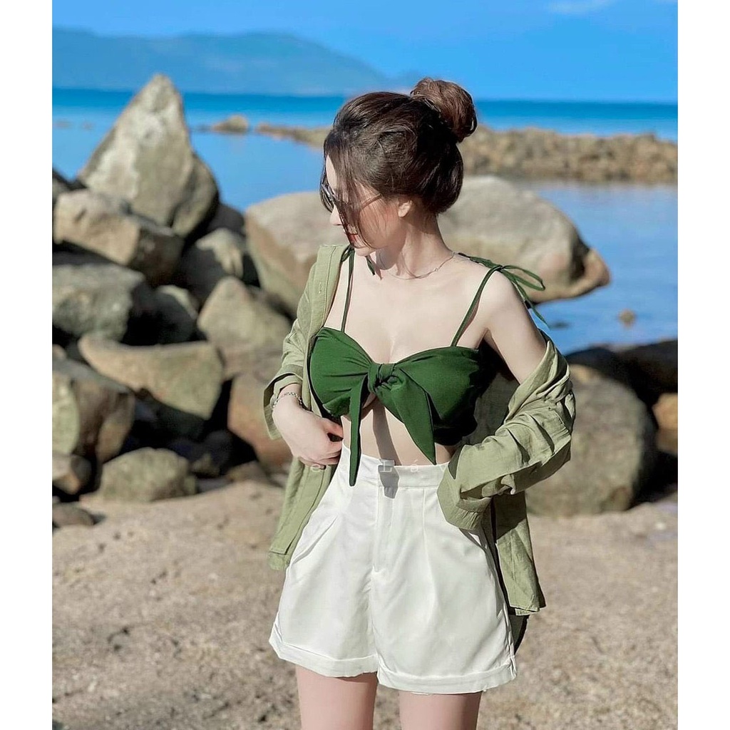 [HCM] Sét 3 Món Áo Trong Cột Nơ Phối Áo Khoác Tơ Xước (Có Mút Ngực ) Thời Trang Nữ Sam Closet Free Size 40-55kg
