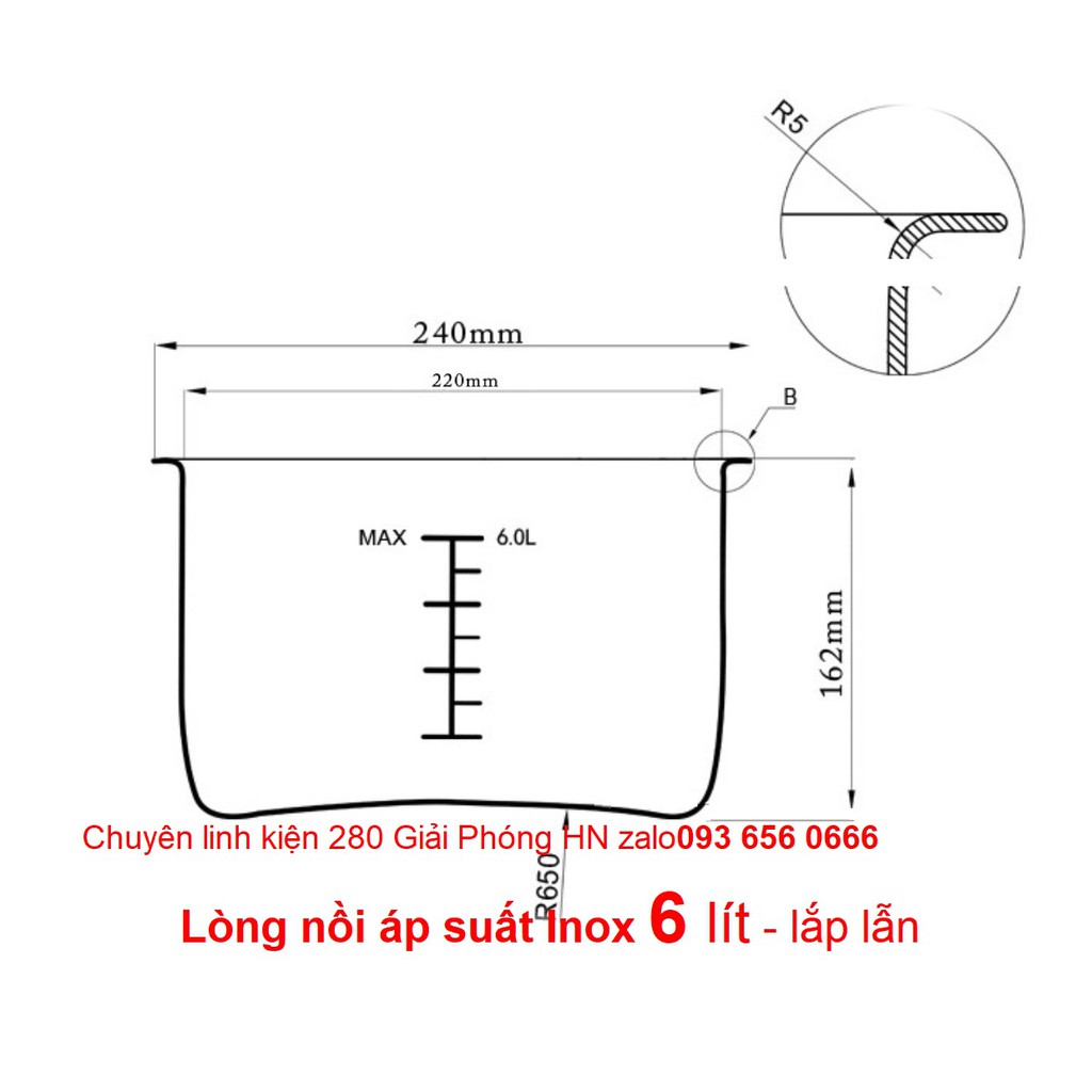 Lòng nồi áp suất Inox 6lit - Ruột nồi áp suất Inox 6L - cho Nồi áp suất đa năng 6 lít 1000w lắp lẫn các thương hiệu