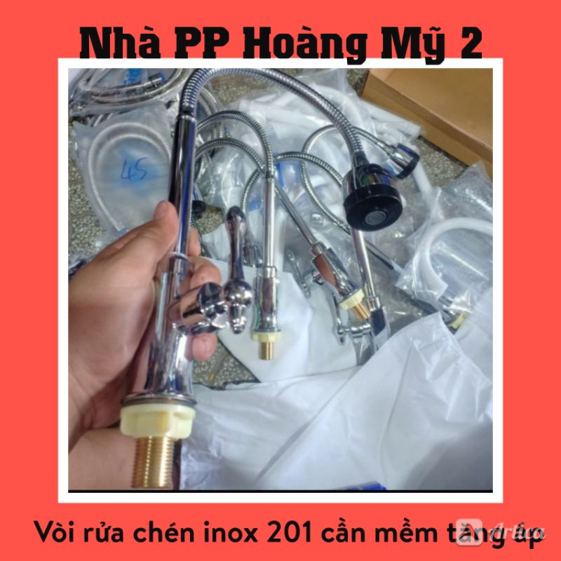 Vòi Rửa Chén bát inox mạ Crome bóng Đầu Tăng Áp 2 chế độ - Cần mềm ty đồng thau