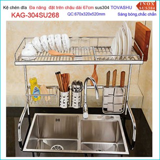 Kệ đựng chén đặt trên chậu rửa KAG-304SU269(87cm), Kệ chén bát thông minh Inox 304 Nhật, kệ chén đa năng Tovashu 67cm-87