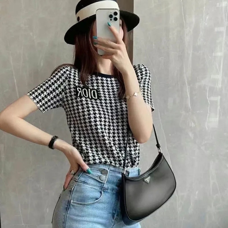 Áo thun dệt kim bằng lụa lạnh jacquard ngắn tay dáng ôm thời trang dior