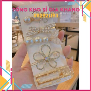 sp138 Sét 5 Kẹp Tóc Đính Đá Lấp Lánh Nơ Và Hoa Phong Cách Hàn Quốc