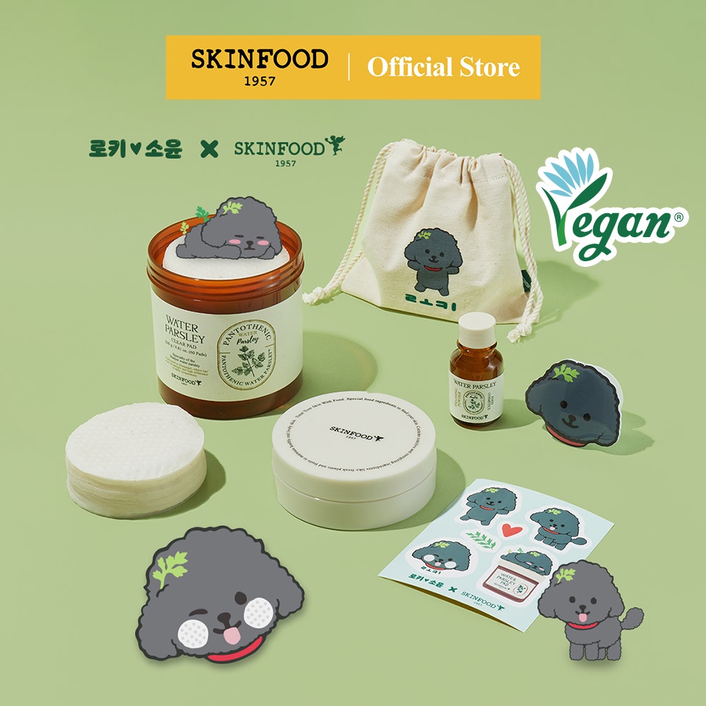 Set phấn phủ SKINFOOD Pantothenic Water Parsley trong suốt 250g 15ml kèm mút toner tiện dụng