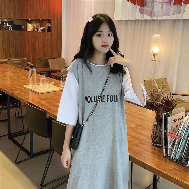 Đầm Tay Ngắn Dáng Rộng In Chữ Thời Trang Hàn Quốc