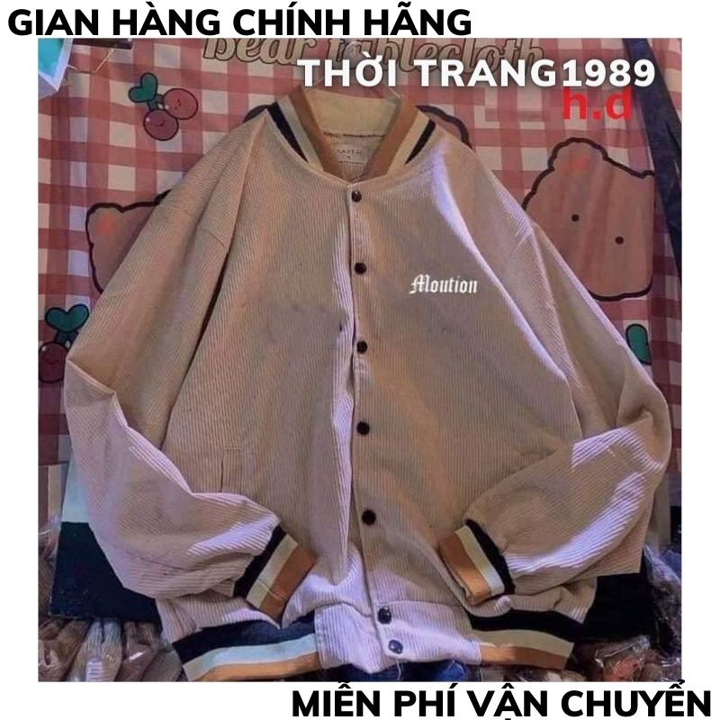 Áo bomber- áo bóng chày nhung tăm màu be-màu đen phối sọc in chữ ALOUTION ,áo nhung tăm phong cách hàn quốcTHỜITRANG1989