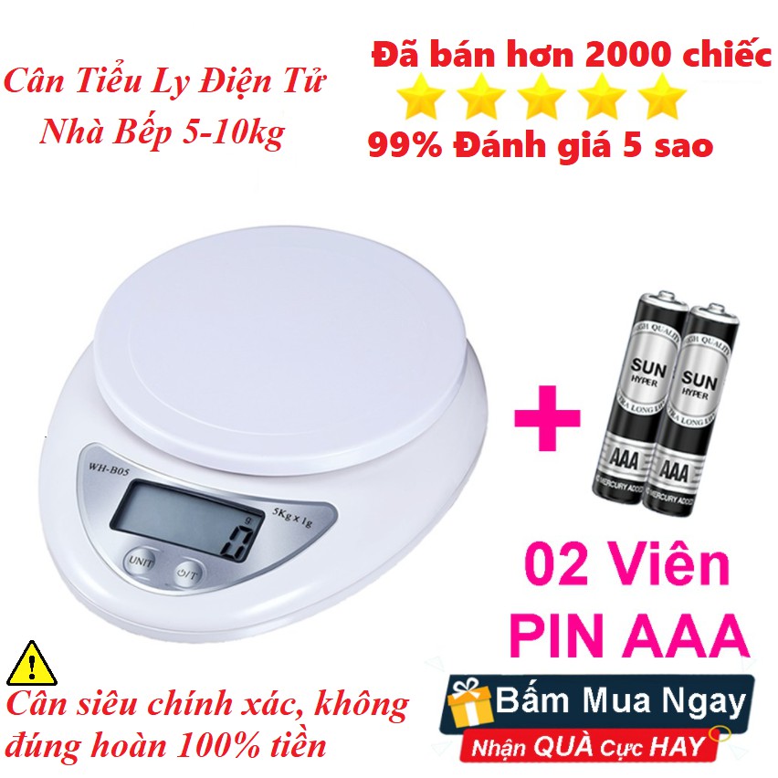 Cân thực phẩm tiểu ly li điện tử nhà bếp mini cân định lượng thực phẩm từ 1 gam - 5kg, 10kg (Tặng kèm 2 pin)