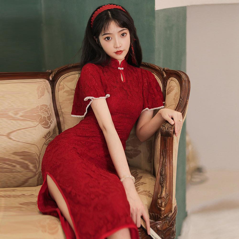 Sườn Xám Cách Tân Màu Đỏ Phong Cách Trung Hoa Thời Trang Mùa Hè 2022 Mới Cho Cô Dâu