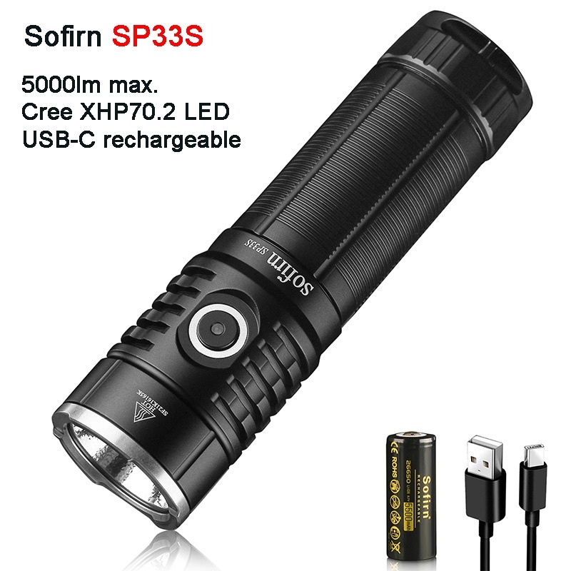 Đèn Pin Sofirn SP33S LED CREE XHP70.2 Độ Sáng 5000 Lumen Siêu Sáng Pin 26650 Sạc Thân TYPE-C Chính Hãng