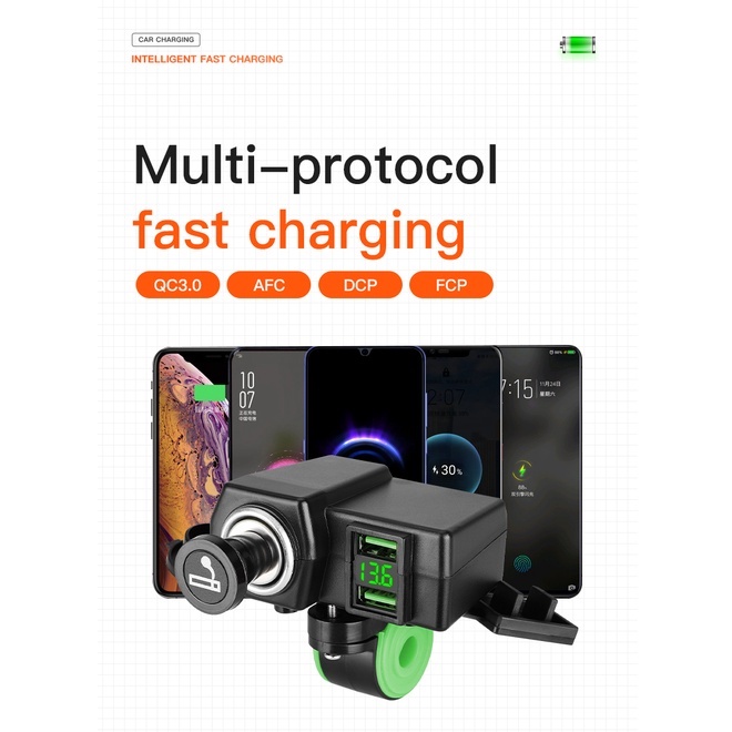 Cục Sạc Điện Thoại Chống Thấm Nước 4.2A Hai Cổng USB 45W QC3.0 Gắn Tay Lái Xe Máy Có Công Tắc Điện Áp