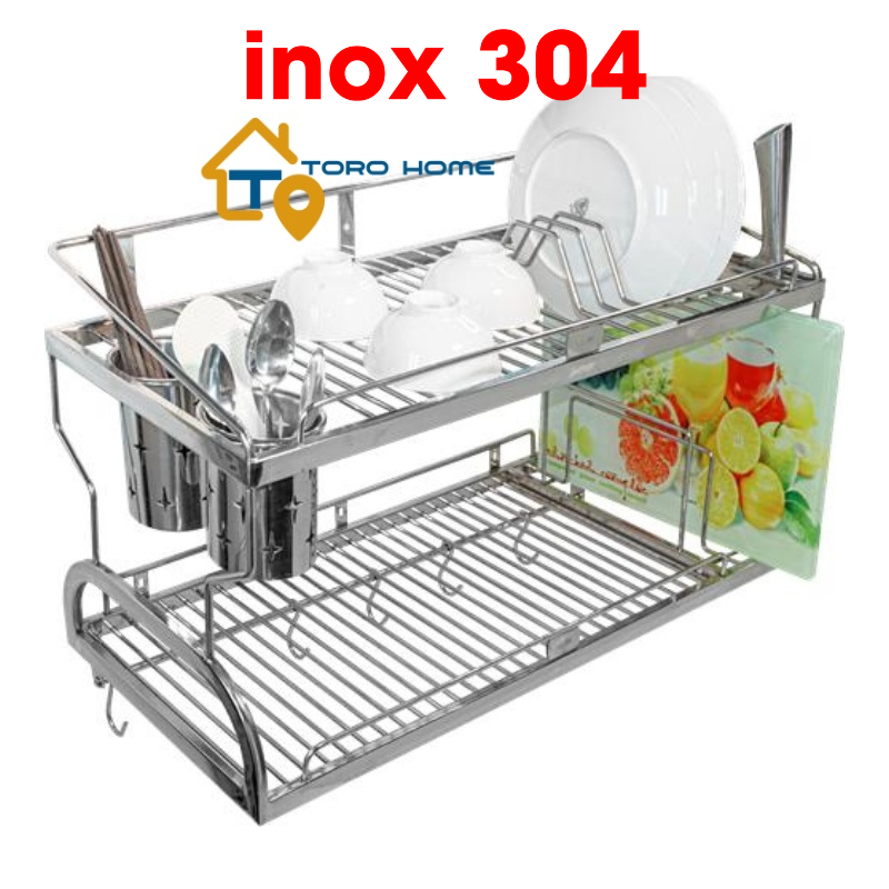Kệ chén dĩa inox 304 KC03 loại 2 tầng Toro Home, kệ úp bát đĩa nhà bếp, có ống đũa, cài dao thớt inox