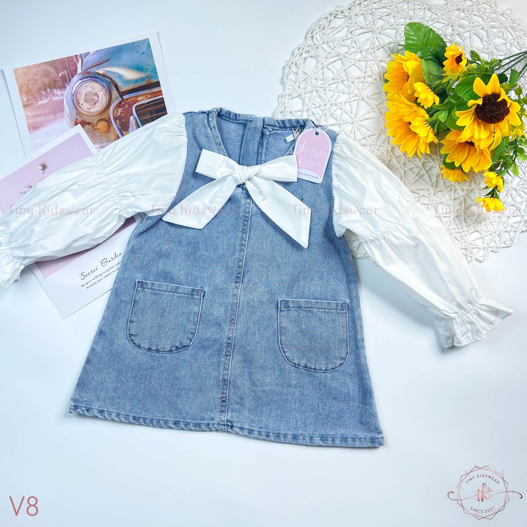 Váy Đầm Jean Dài Tay Nơ Ngực Cho Bé Gái Từ 9-17kg [V8]