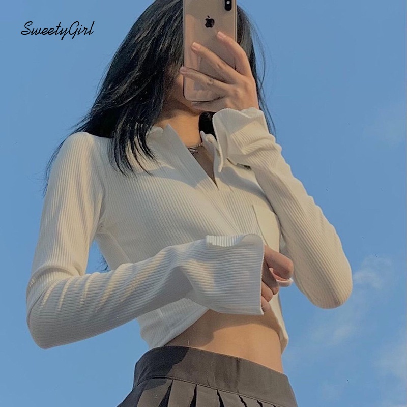 Áo Croptop Tay Dài Cổ Bẻ Màu Trơn Có Túi Thời Trang Cho Nữ