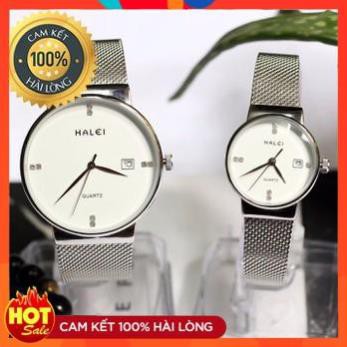 Đồng Hồ Đôi Nam Nữ Halei Dây Bạc Mặt Trắng