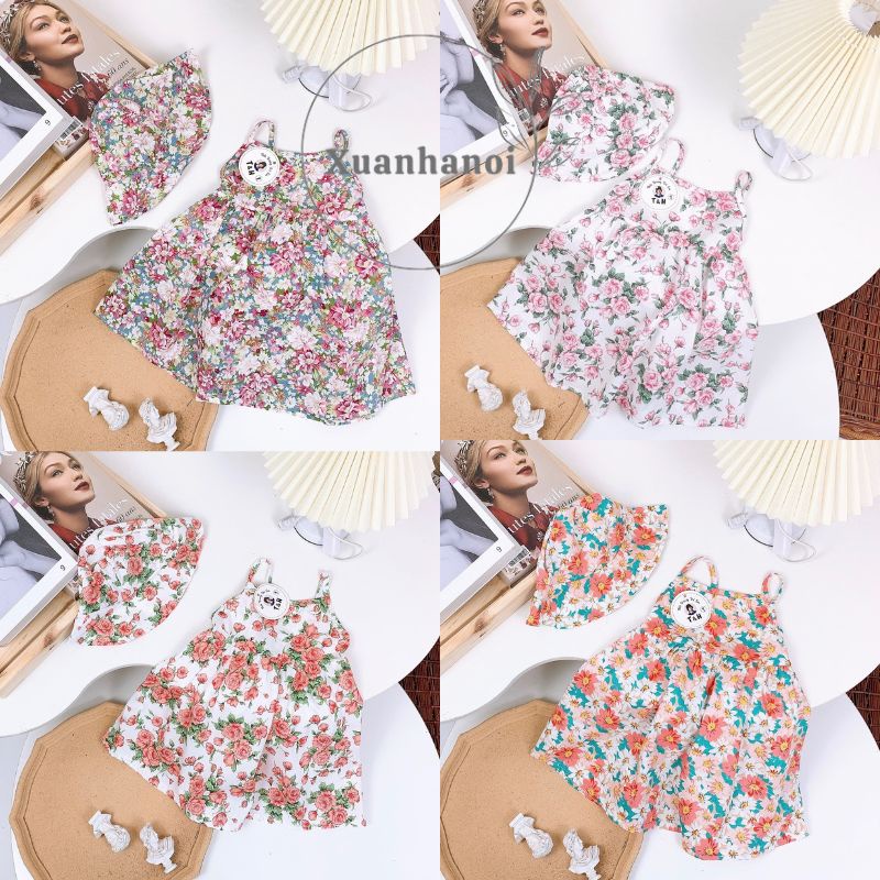 Váy bé gái 2 dây hoa nhí kèm mũ đội đầu XHN944