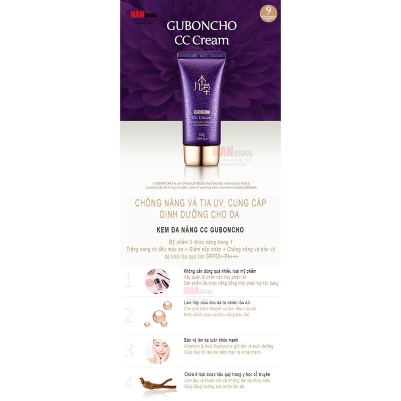 KEM CHỐNG NẮNG TRANG ĐIỂM CC CREAM SPF/50+++ GUBONCHO