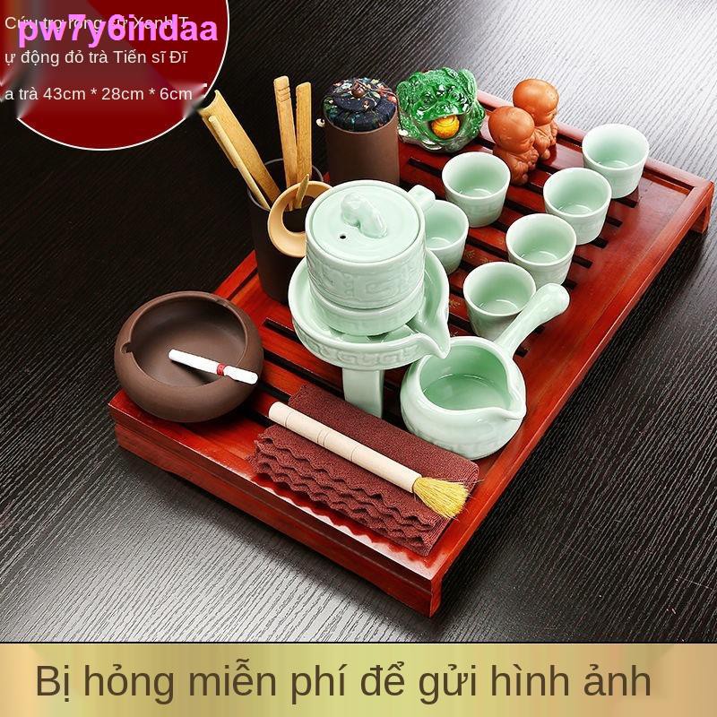 > Kung Fu Tea Set Home Khay trà gỗ nguyên khối, ấm cát tím, cốc, ly sứ, phụ kiện đạo, bàn