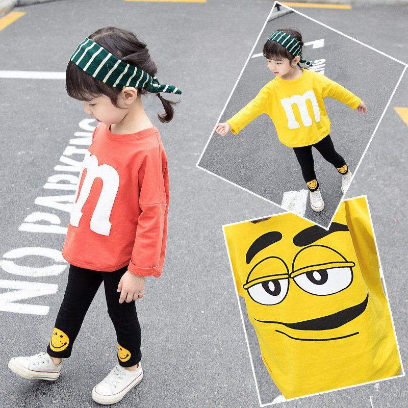 Set áo thun dài tay cổ tròn + quần dài in hoạt hình đáng yêu cho bé gái