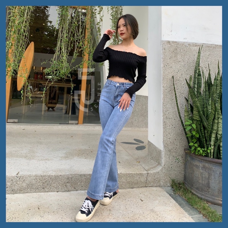 Áo croptop tay dài nữ JEANIE áo trễ vai tiểu thư chất len tăm ôm body sang chảnh