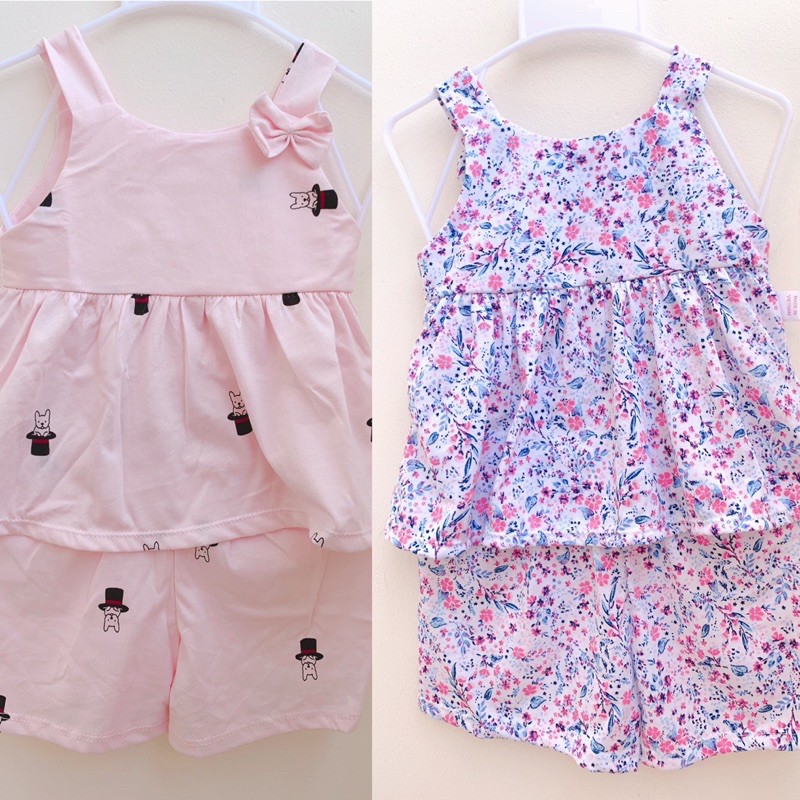 Bộ cotton đùi áo đính nơ bé gái