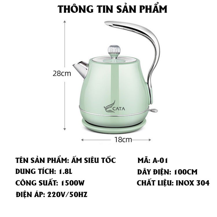 Ấm siêu tốc inox 304 CÁT Á, công suất 1500W, đun siêu nhanh siêu tiết kiệm điện - Bảo hành 1 năm