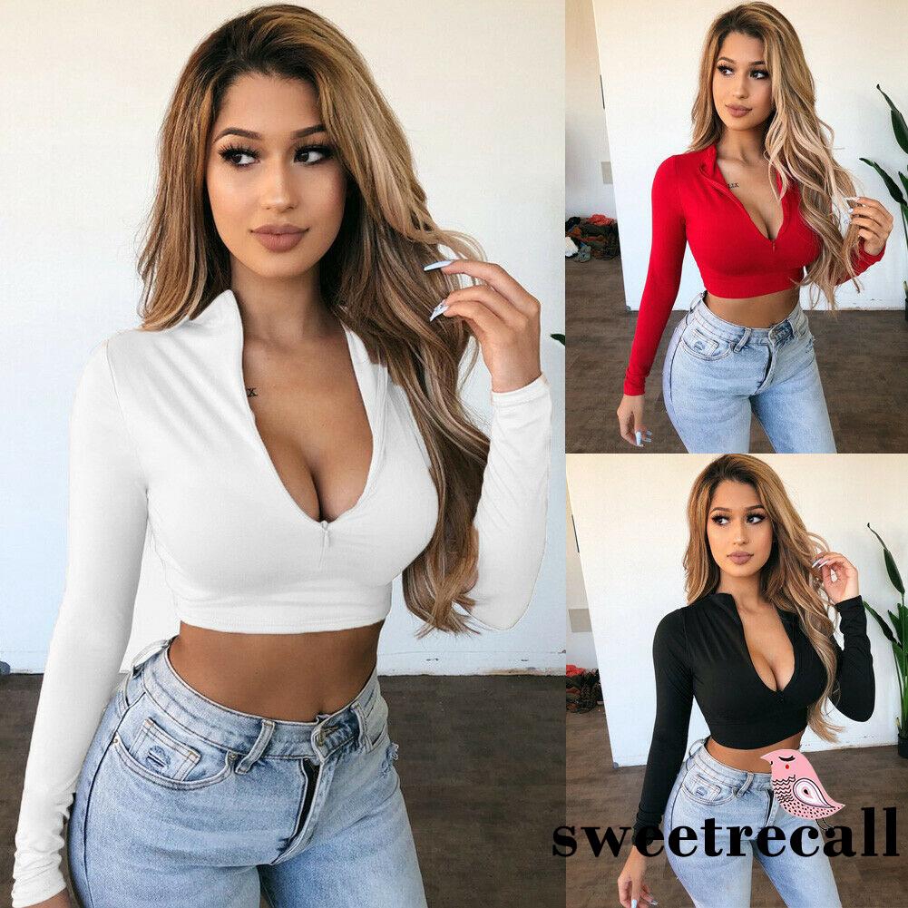 ◕‿◕Women Sexy Long Sleeve Zipper-up V Neck Crop Tops