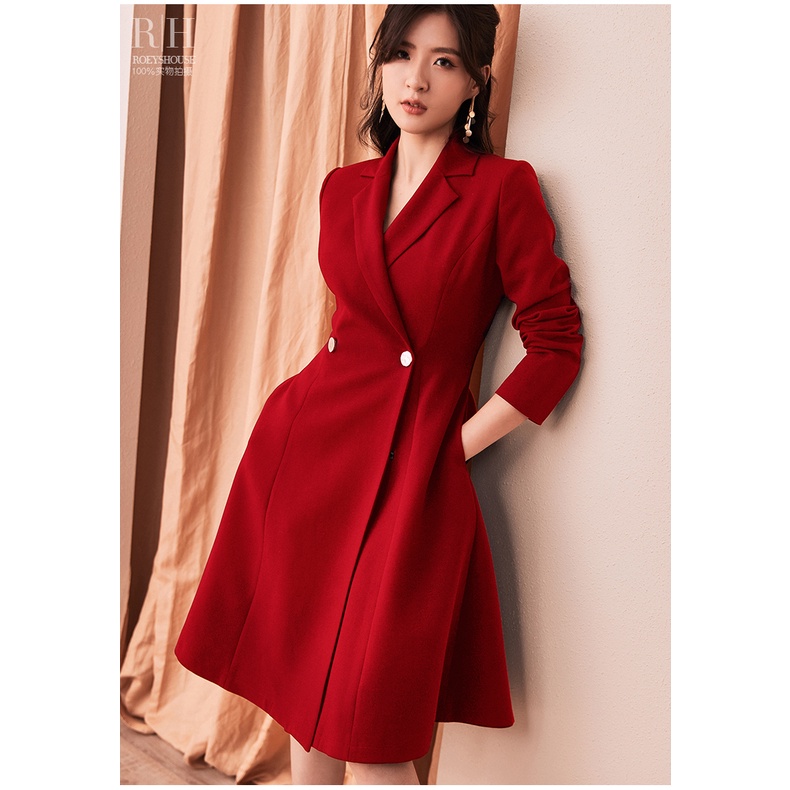 Đầm vest trơn tối giản đấp chéo dáng xòe rộng