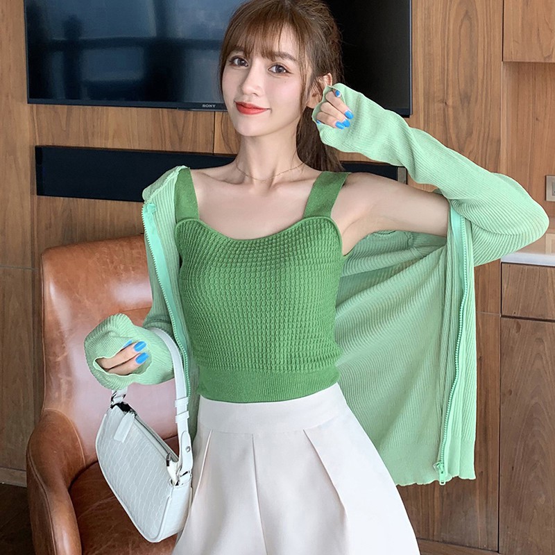 Áo Croptop Dệt Kim Sát Nách Cổ Vuông Màu Trơn Xinh Xắn Cho Nữ