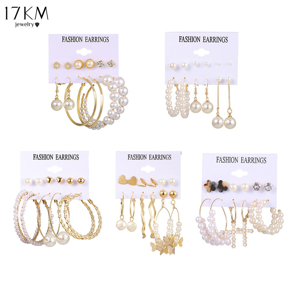 Bộ 6 Đôi Bông Tai 17KM Kiểu Tròn/Tua Rua/Hình Bướm Đính Ngọc Trai Phong Cách Bohemian Cho Nữ