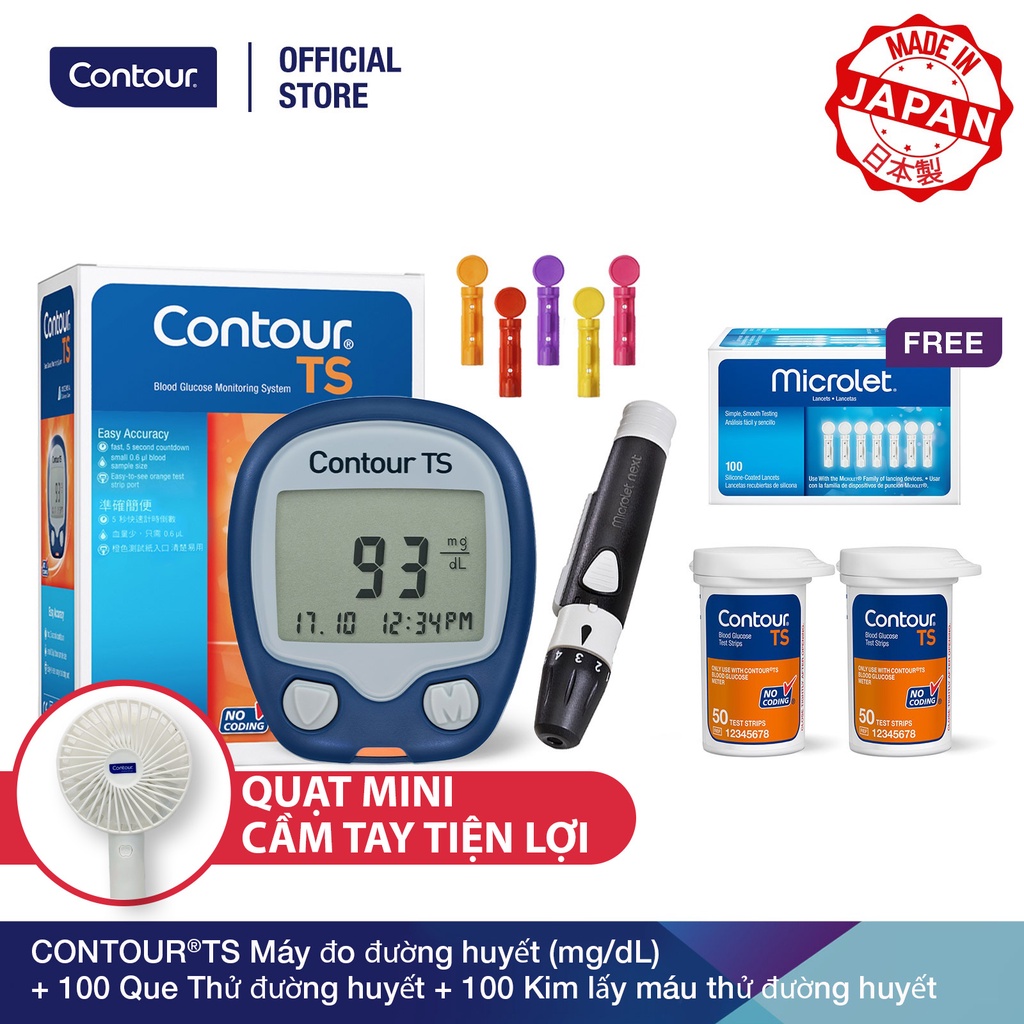 Bộ 3 sản phẩm: 1 Máy đo đường huyết CONTOUR TS (mg/dL) và 100 Que thử đường huyết và 100 Kim lấy máu thử đường huyết