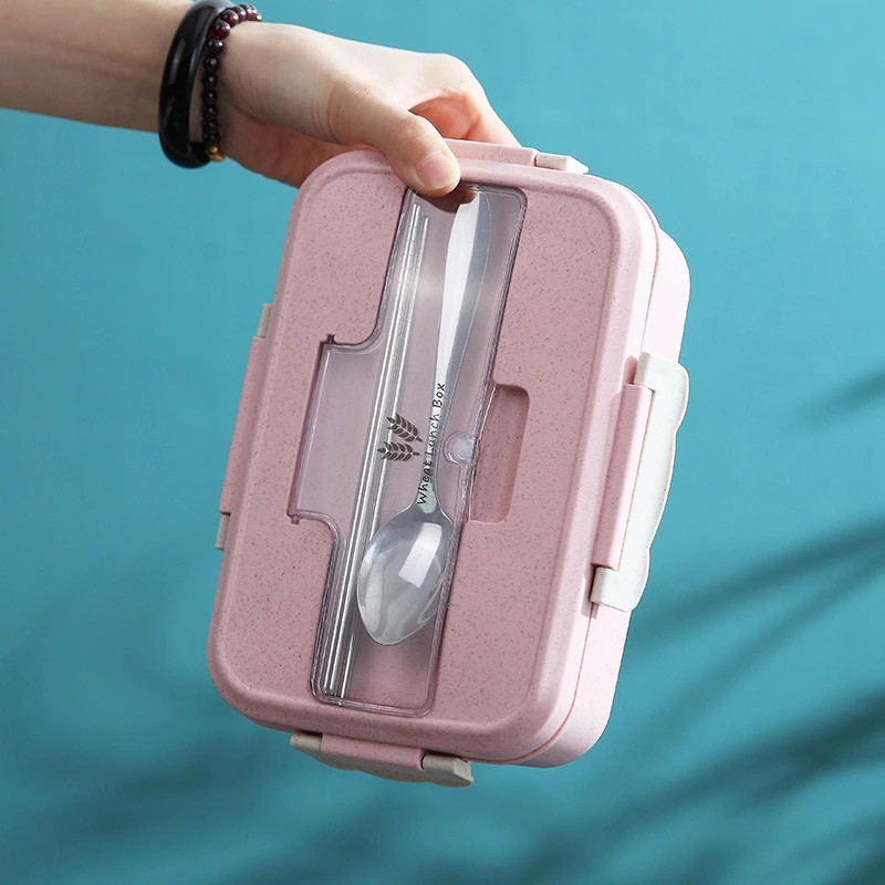Hộp Đựng Cơm Lúa Mạch 3 Ngăn Thế Hệ Mới Tặng Kèm Thìa Đũa Inox