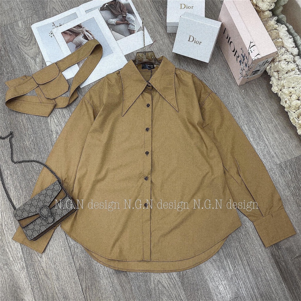 ÁO SƠ MI DÀI TAY ĐAI TÚI MÀU NÂU TÂY SIÊU XINH