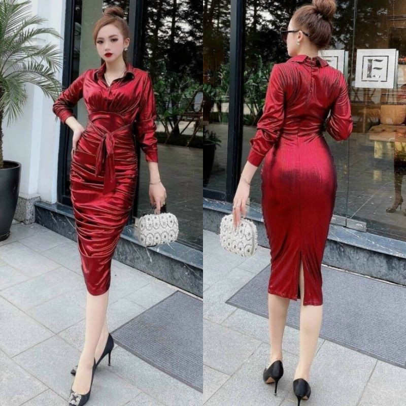 Đầm Body Nhũ Ánh Kim Cao Cấp (Size S-M-L-XL) cổ sơ mi tay dài nhúng thân cột eo | BigBuy360 - bigbuy360.vn