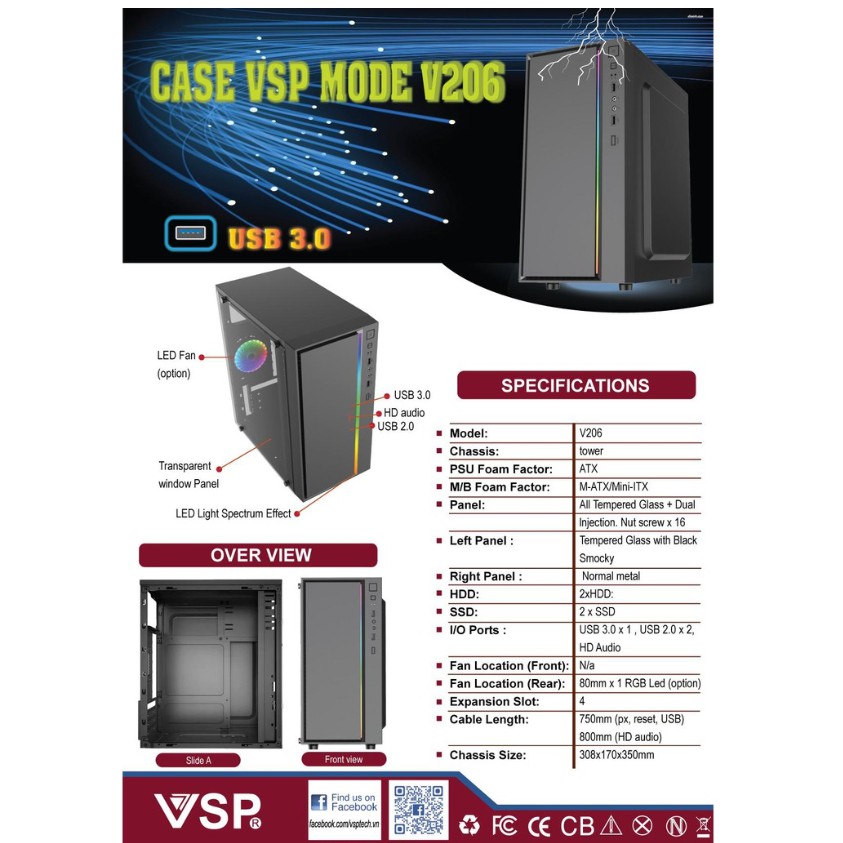 Vỏ Case máy tính VSP V206 LED RGB - USB 3.0  - còn màu đen / trắng