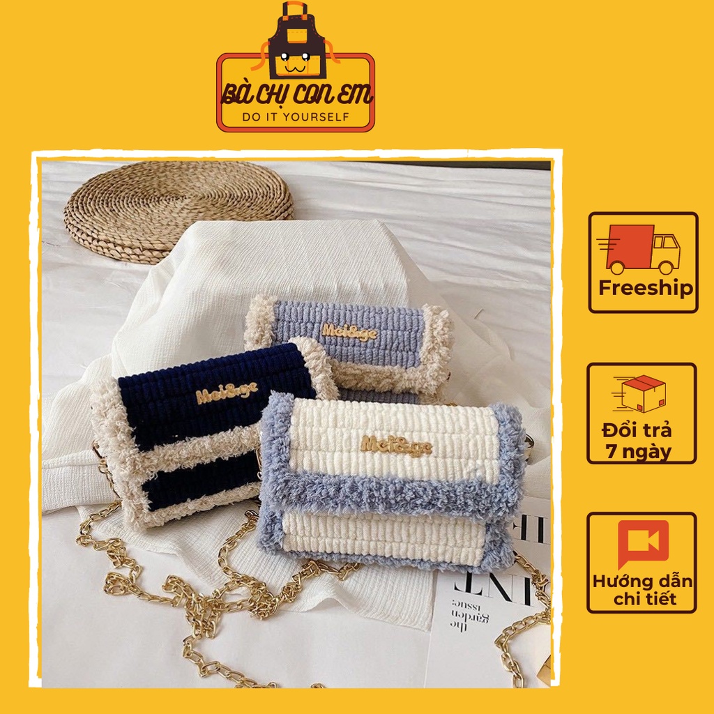 Set túi handmade, túi tự đan len lông xù DIY, đầy đủ phụ kiện BÀ CHỊ CON EM