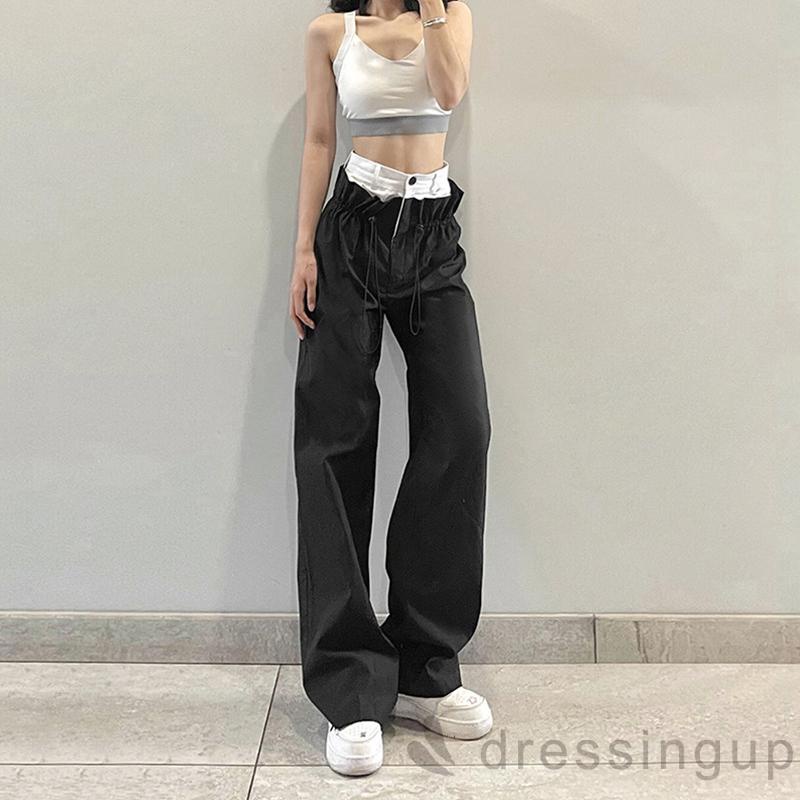 DRE-Women´s Spring Wide Leg Pants,Black High Waist Drawstring Straight Leg Pants