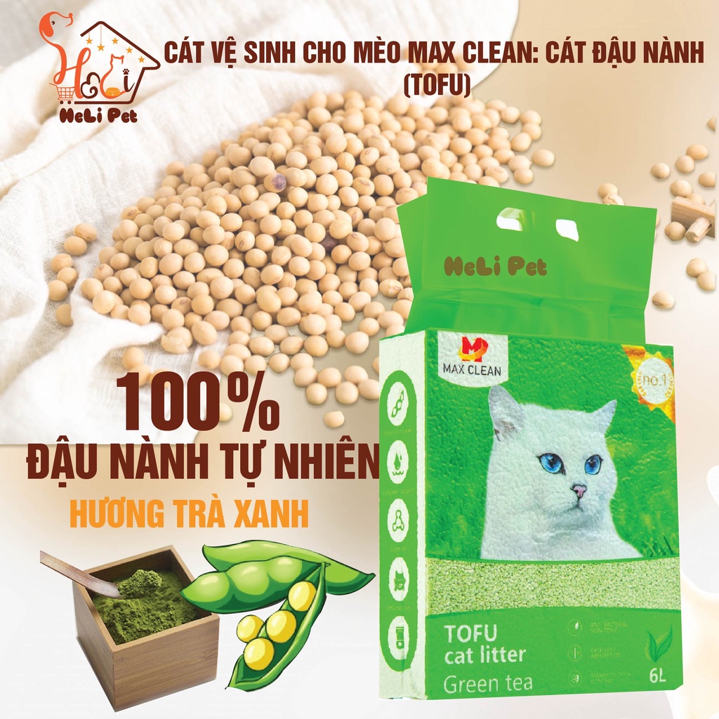 Cát Đậu Nành Max Clean Cát Vệ Sinh Cao Cấp Cho Mèo Siêu Vón Cục Không Bụi Hương Trà Xanh HeLiPet