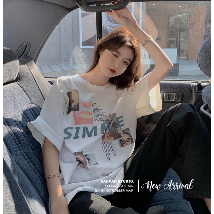 Áo Thun Tay Ngắn Cổ Tròn Hoạ Tiết In Phong Cách Hàn Quốc