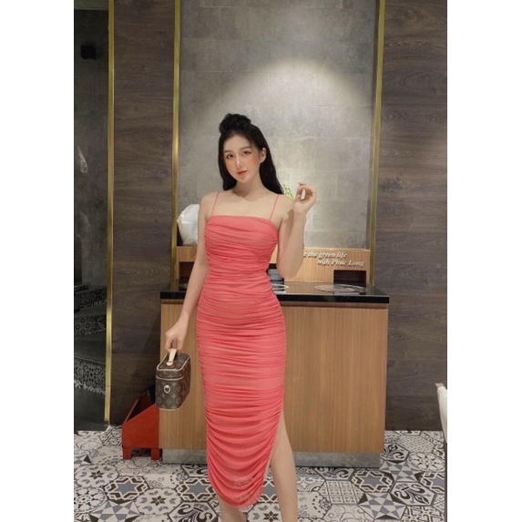 đầm body ôm dài nhún màu đỏ