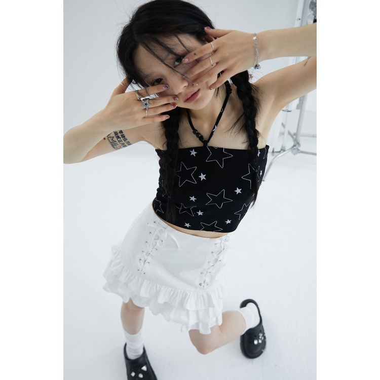 Áo Croptop y2k Hai Dây Xỏ Hạt Màu Đen Nhỏ Nhắn In Họa Tiết Ngôi Sao Thời Trang Cho Nữ y2k