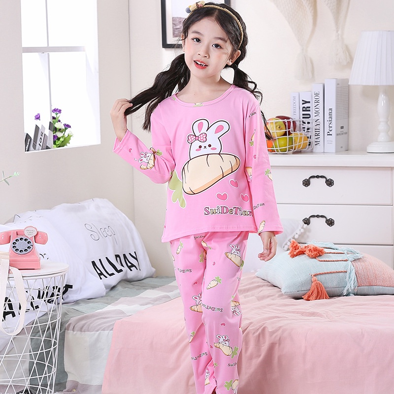 Set đồ ngủ áo thun tay dài + quần dài in hoạt hình Hello Kitty cho bé gái