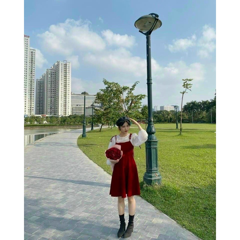 SET YẾM ĐỎ BUỘT NƠ VAI + ÁO VOAN TAY PHỒNG