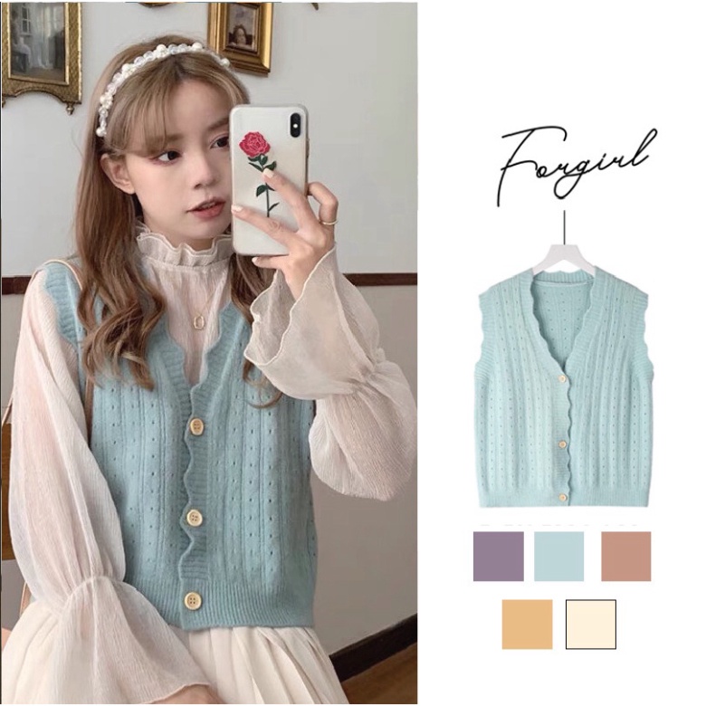 Áo len gile phối bèo lông thỏ viền lượn sóng mix cúc basic tiểu thư điệu đà ONE UNISEX