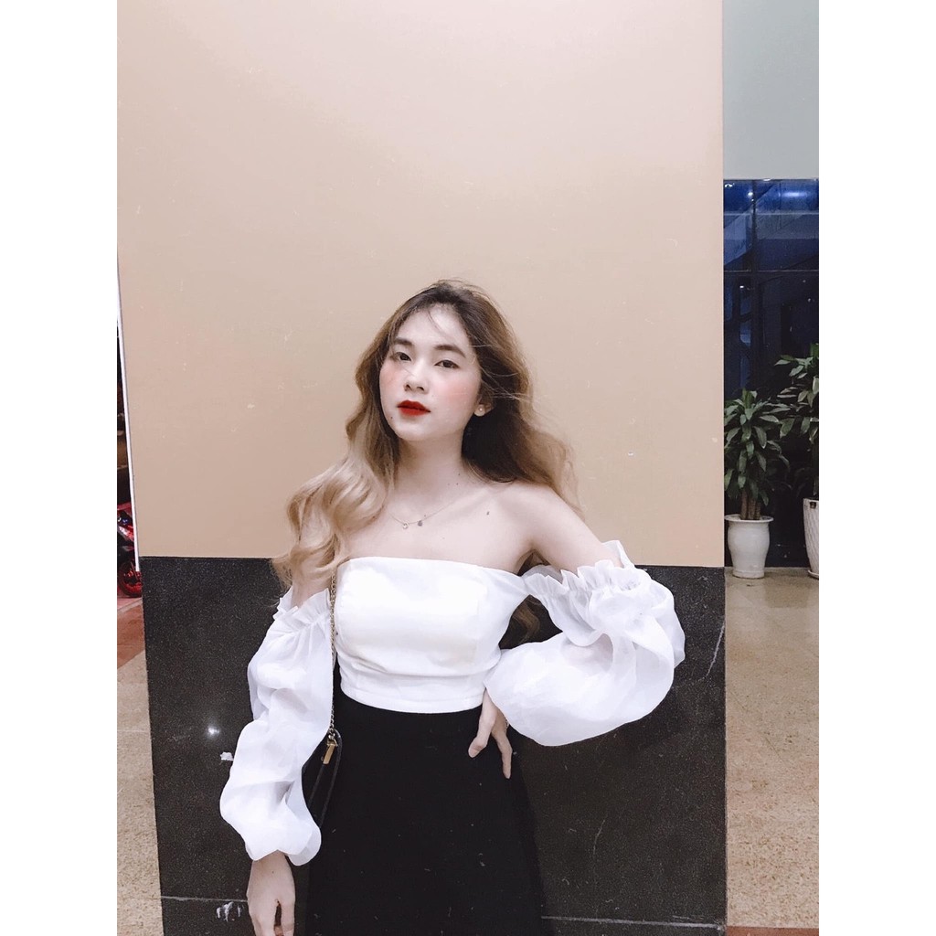 Mới Về Siêu Đẹp ❤ Set Áo Trễ Vai Tay Bồng Rời Trắng Mix Chân Váy Xẻ Tà Tuyết Mưa Đen Ulzzang