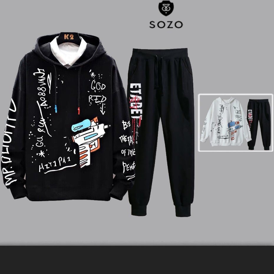 Set Bộ 2 Món Quần Dài + Áo Hoodie Nón Nam Chất Vải Nỉ CB2_WAH019NO_MQU081NIDEF6 (In Súng Nước + Etadet)