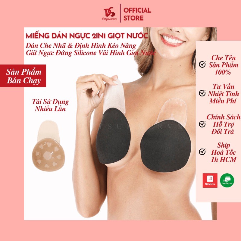 Cặp Miếng Dán Nhũ & Kéo Nâng Giữ Ngực Đứng 2IN1 Giọt Nước Silicone Vải Tái Sử Dụng Bám Dính Tốt