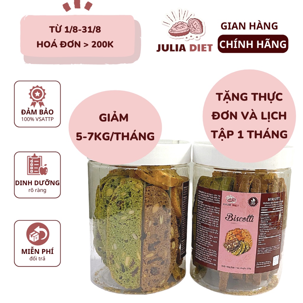 Bánh BISCOTTI JULIA DIET 3 vị, mix vị nguyên cám KHÔNG ĐƯỜNG dành cho người ăn kiêng, giảm cân, tiểu đường
