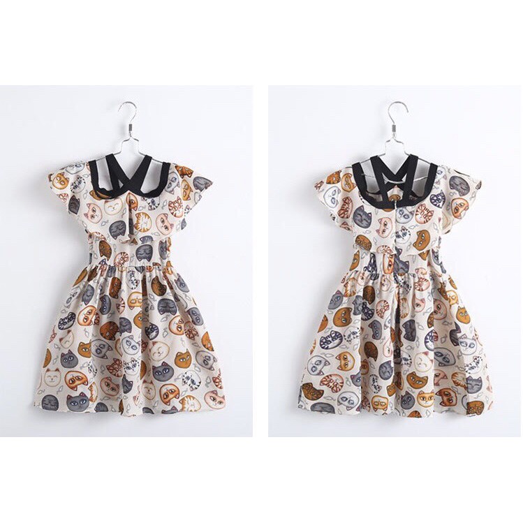 Váy xòe trễ vai họa tiết mèo xinh xắn, chất vải cái Hàn cho bé gái Kiddysun V21