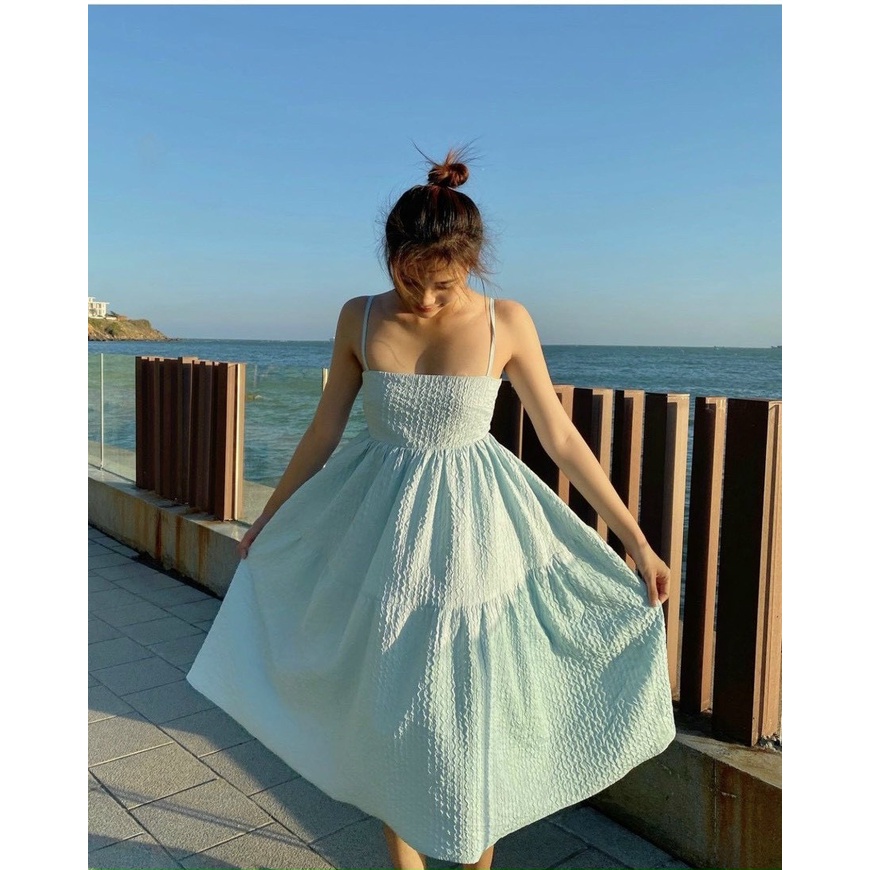 Đầm Cutout 💖DEMISS💖 Váy Babydoll Xanh Hai Dây Cutout Lưng Dáng Dài Dễ Thương - V-Xanh-244